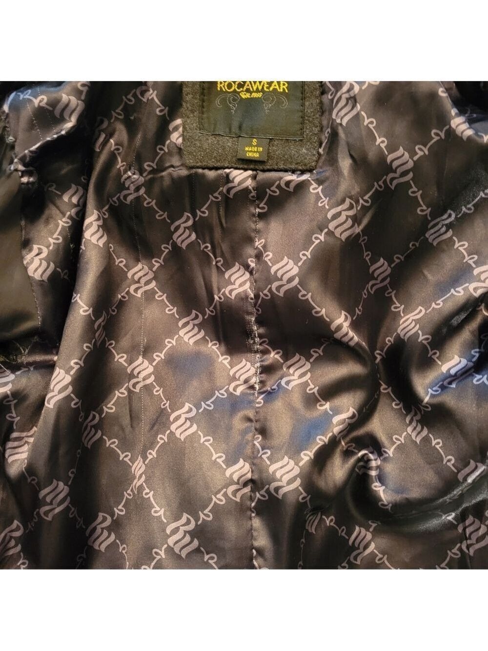 Rocawear Black Wool Belted Hooded Jacket with Logo Pattern Small - Picture 6 of 6